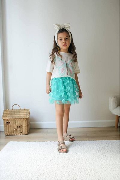 BİR DOZ ÇOCUK GÜLÜŞÜ Butterfly Printed Silvery Tee Butterfly Skirt Special Day Suit