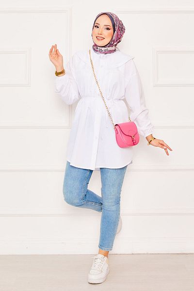 EBRUTESETTÜR Double Collar Lace-Up Waist Hijab Shirt