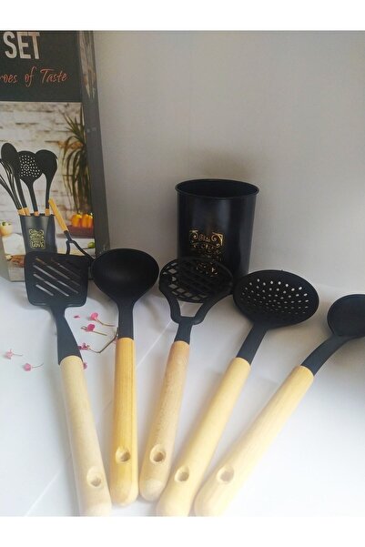 DİBA AVM 6-Piece Wooden Handle Service Set with Metal Stand Ladle Set - Wooden Service Set with 6-Piece Stand