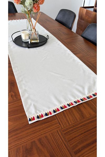 homease Velvet Textured Rectangular Ecru Suede Runner |   Decorative Runner with Tassel Edge Detail (44*145)