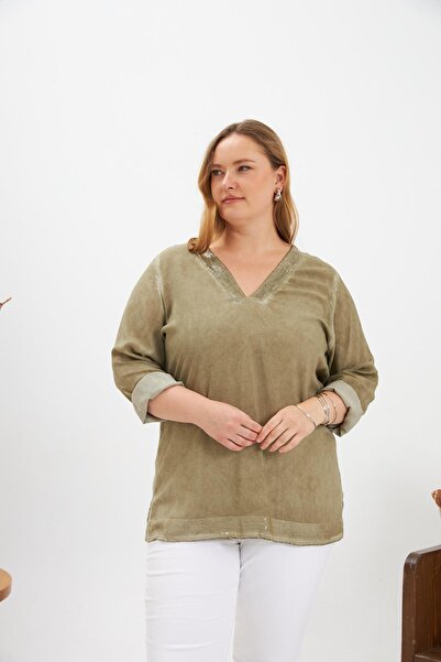 RMG Μπλούζα με παγιέτες με λεπτομέρειες, μεγάλου μεγέθους, που πλένεται, χακί