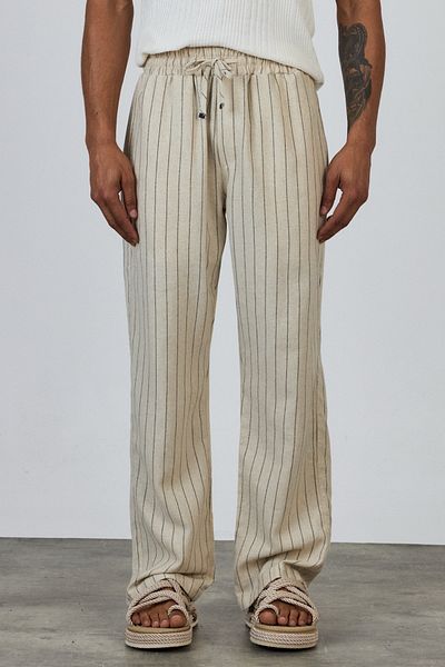 MADZEYMODA Premium φαρδύ καλούπι 100% βαμβακερό ελαστικό στη μέση μαύρο ριγέ υφαντό παντελόνι εκρού LS-23105