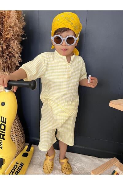 BAHNUR BEBEK ÇOCUK ERKEK UNiSEX SARI GOFRE KUMAS ALT ÜST TAKIM YAZLIK BOHEM