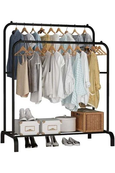 Generic Freestanding Hanger Double Pole Multi-functional Bedroom Clothing Rack, Black