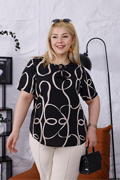 Siyezen Large Size Lace Detailed Patterned Blouse