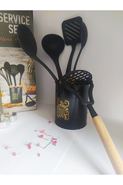 DİBA AVM 6-Piece Wooden Handle Service Set with Metal Stand Ladle Set - Wooden Service Set with 6-Piece Stand