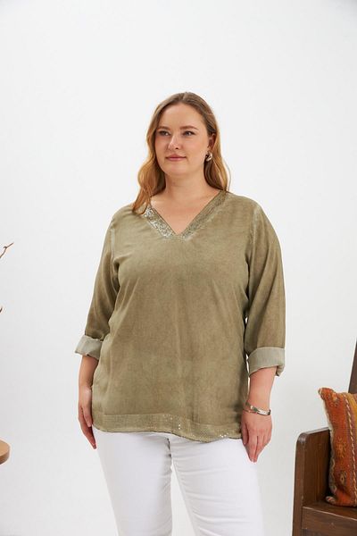 RMG Sequin Detailed Large Size Washable Blouse Khaki