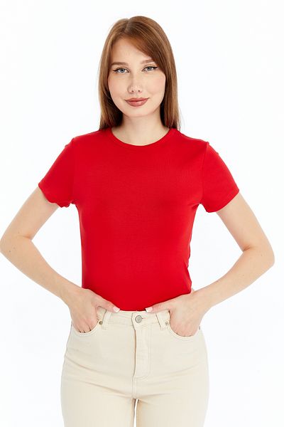 LAENT Women's Red Round Neck Short Sleeve Blouse