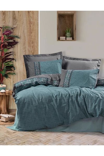 RBY Cotton Box Folk Art Double Bed Duvet Cover Set Erna Petrol