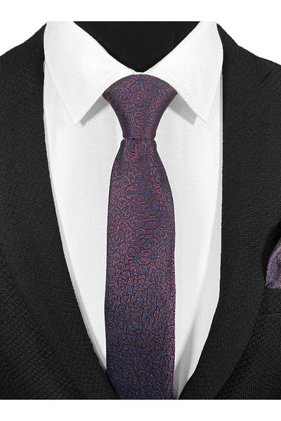 BLC Basic Line Co. Navy Blue & Burgundy Paisley Patterned Microfiber Tie and Handkerchief Set - 7 cm Modern Cut