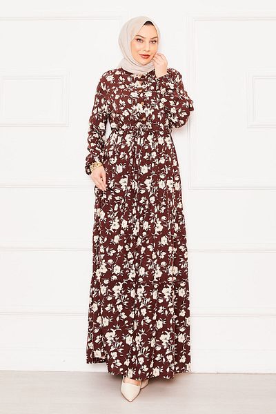 EBRUTESETTÜR Patterned Shirred Waist Buttoned Front Viscose Hijab Dress