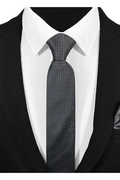 BLC Basic Line Co. Anthracite Gray & White Polka Dot Microfiber Tie & Handkerchief Set - 7 cm Modern Cut