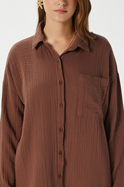 Ritnice Women's Tilda 100% Cotton Muslin Oversize Brown Shirt