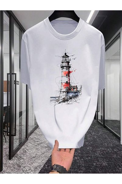 ELNOYA Cotton White Oversize T-Shirt Light Lantern Printed Comfortable Casual T-Shirt