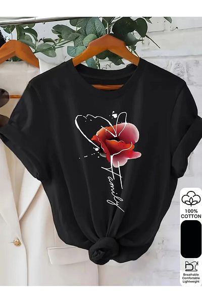 Pink Sky Cotton Oversize Heart Flower Printed Short Sleeve Crew Neck Comfortable Casual T-Shirt
