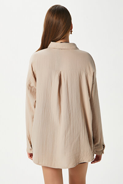 Ritnice Women's Tilda 100% Cotton Muslin Oversize Beige Shirt