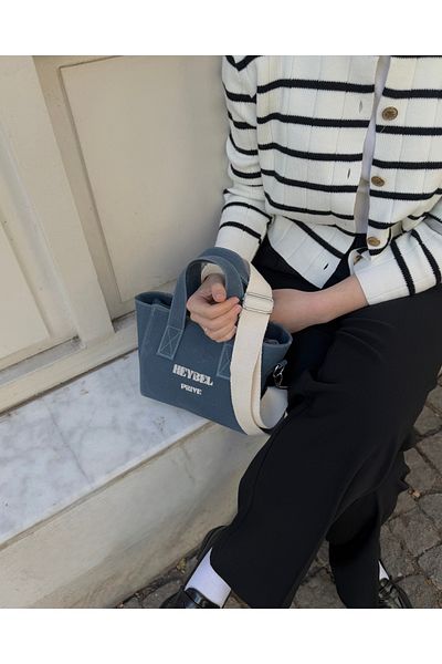 heybelprive Heybel Premium Mini Soft Blue Waxed Canvas Bag, Durable Canvas Double Strap Bag, Waxed Tote Bag