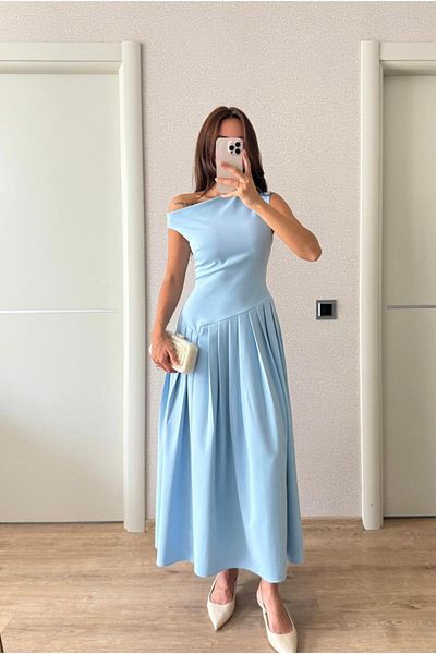 FMN Moda Wide Flared Skirt Fitted to Waistline Pin-Ter Brand Equivalent Midi Length Long Design Boat Neck Bell Chic Dress