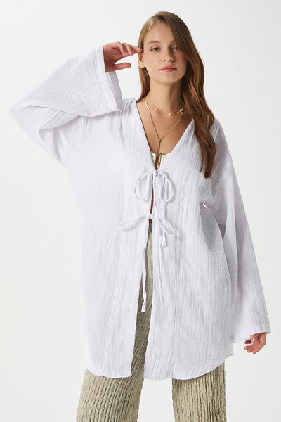 Ritnice Women's Sandra 100% Cotton Muslin Lace-Up White Kimono