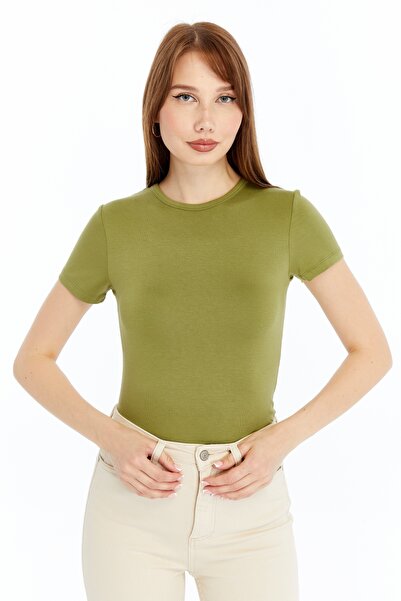 LAENT بلوزة نسائية من الفيسكوز باللون الأخضر الزيتي وياقة دائرية وأكمام قصيرة