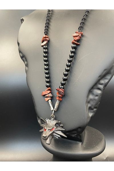magıcgrange Men's Necklace Jasper Natural Stone Handmade Wolf Figured Special Design Alpha Mo