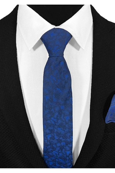 BLC Basic Line Co. Navy Blue Shaded Floral Patterned Microfiber Tie and Handkerchief Set - 7 cm Modern Cut