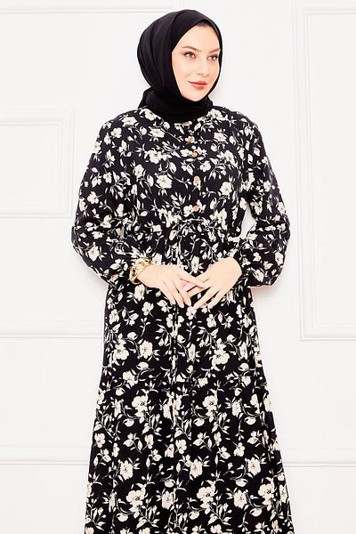 EBRUTESETTÜR Patterned Shirred Waist Buttoned Front Viscose Hijab Dress