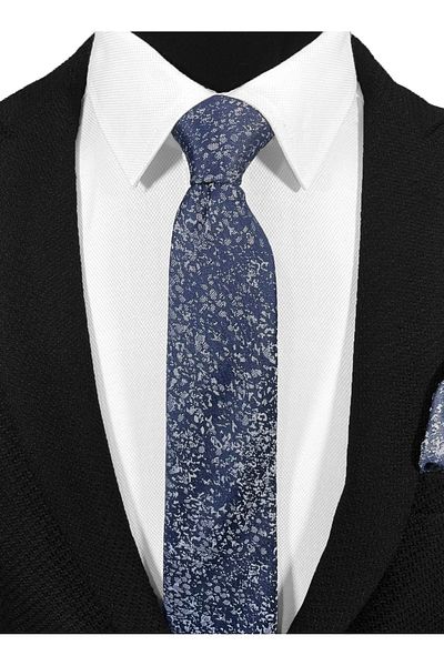 BLC Basic Line Co. Microfiber Tie and Handkerchief Set with Grey Sprinkle Pattern on Navy Blue Background - 7 cm Modern Cut
