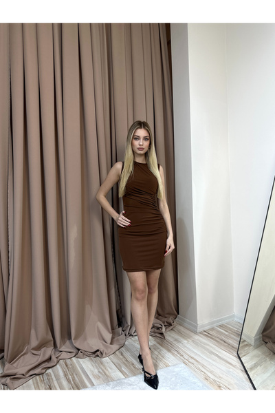 MY BELLA BUTİK Drapeli Kısa Mini Kolsuz Elbise