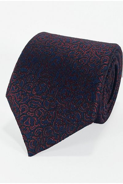 BLC Basic Line Co. Navy Blue & Burgundy Paisley Patterned Microfiber Tie and Handkerchief Set - 7 cm Modern Cut