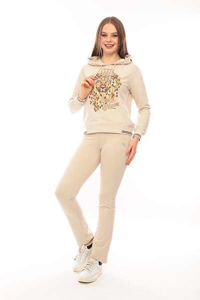 SOCCER Kapüşonlu Sweat Kadın Eşofman Takımı Aslan Desen Baskı Detaylı 21615