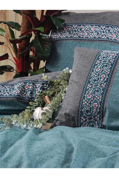 RBY Cotton Box Folk Art Double Bed Duvet Cover Set Erna Petrol