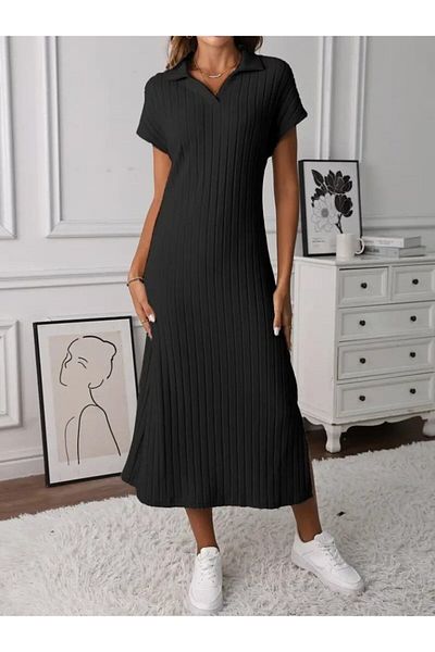 modaserdem Women Short Sleeve Collared Side Slit Thick Twill Camisole Dress