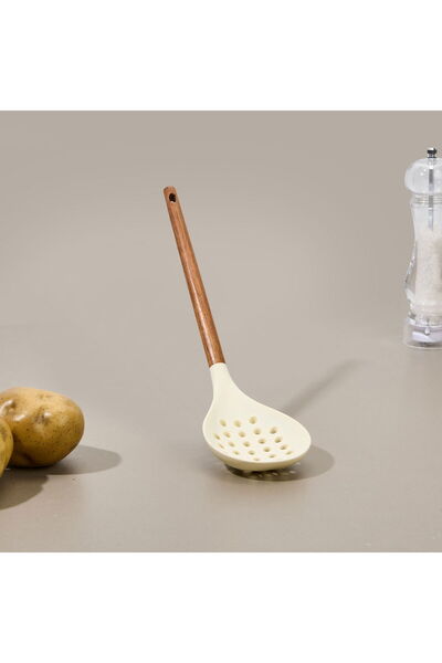 MİEN Acacia Handle Silicone Colander - Brown / Cream