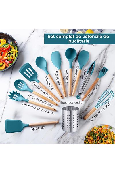 Bukate Set 27 Ustensile Bucatarie, Bukate®, Lemn/Silicon, Suport Inox, Antiaderente, Termorezistente