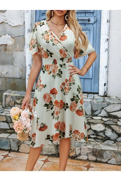 passense Women's Short Sleeve Double Breasted Collar Print Single Jersey Short Dress