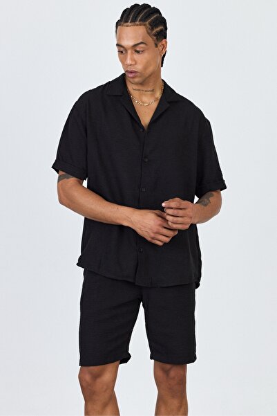 MADZEYMODA Premium Men's Woven Shirt & Shorts Black Bottom Top Set Ls-5605