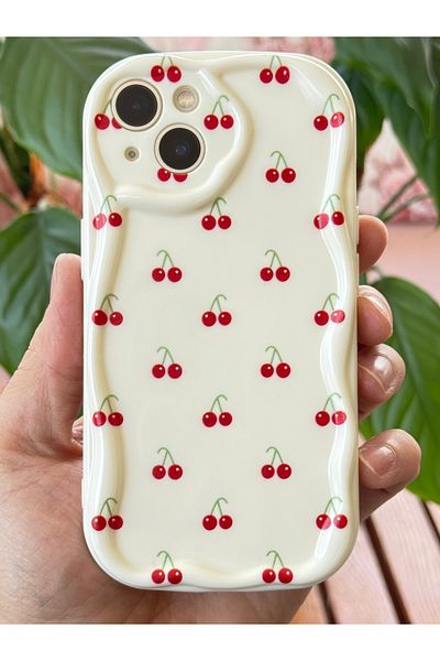 Fibaks حافظة متوافقة مع هاتف Apple Iphone 13 مع حماية للكاميرا وحافة مموجة وغطاء من السيليكون الناعم بنمط الكرز