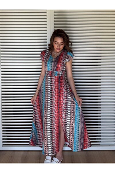 buğrahayalin Women's Short Sleeve V-Neck Print Side Slit Single Jersey Dress