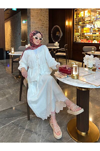 Viskosa Vi̇skosa Elegant Lace Long Sleeve Bottom Top Set, Scalloped Embroidered Peplum Dress, Stylish Modern Combination