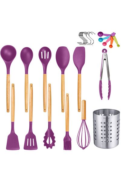 Bukate Set of 27 Kitchen Utensils, Bukate®, Wood/Silicone, Stainless Steel Support, Non-Stick, Heat Resistant Purple