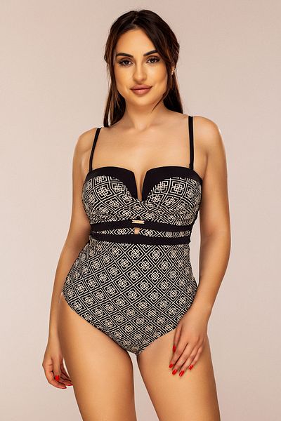 Lush Fashion Black One Piece Swimsuit with Beige Print