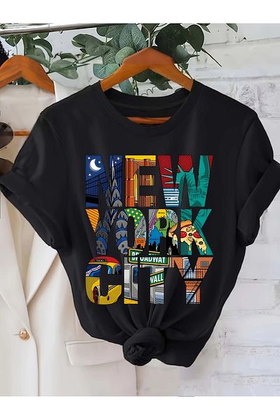 Pink Sky Cotton Oversize New York City Printed Short Sleeve Crew Neck Comfortable Casual T-Shirt