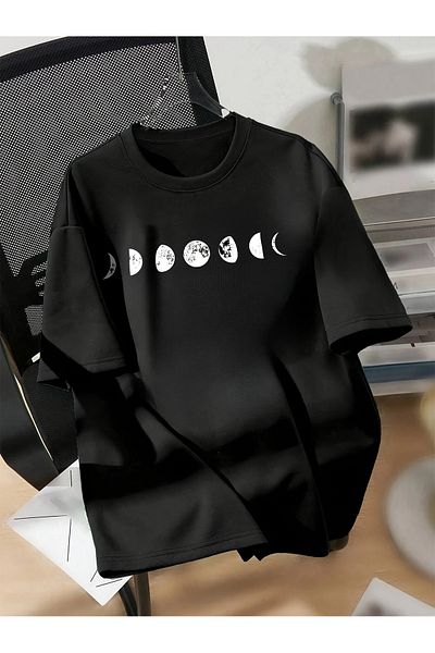 Pink Sky Cotton Oversize Moon Phase Printed Short Sleeve Crew Neck Comfortable Casual T-Shirt