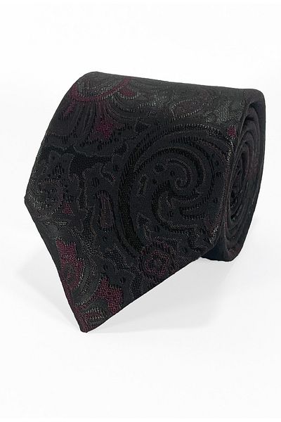 BLC Basic Line Co. Shawl Patterned Microfiber Tie with Plum Detail on Black Background - 7 cm Modern Cut
