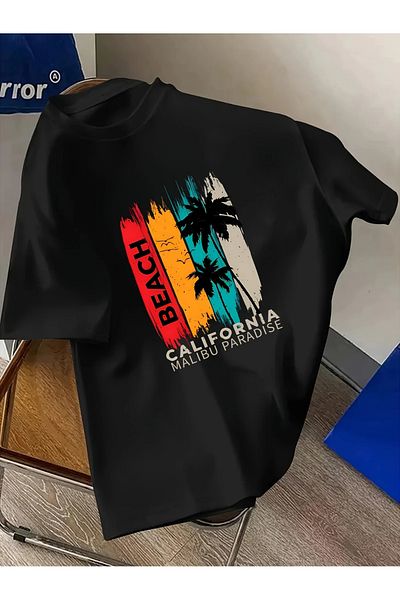 Pink Sky Cotton Oversize California Malibu Printed Short Sleeve Crew Neck Comfortable Casual T-Shirt