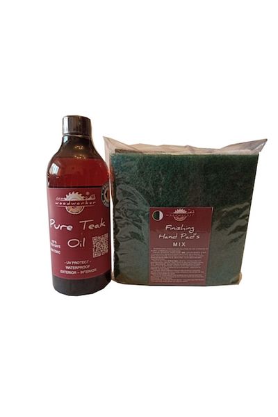 woodworker Kit intretinere Prep’N’Shine-Pure Teak Oil & Hand Pad’s Mix Abrasive, 500 ml