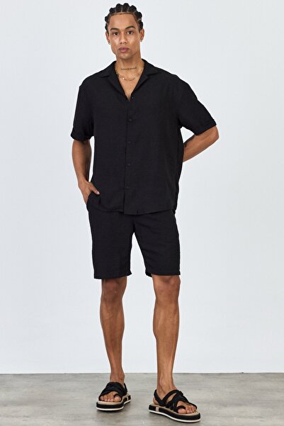 MADZEYMODA Premium Men's Woven Shirt & Shorts Black Bottom Top Set Ls-5605