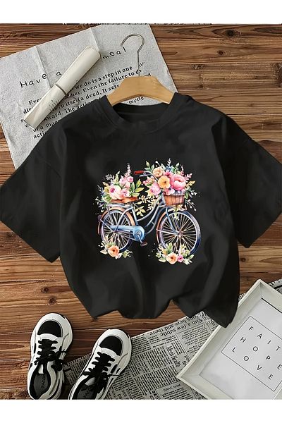 Pink Sky Cotton Oversize Floral Bicycle Printed Short Sleeve Crew Neck Comfortable Casual T-Shirt