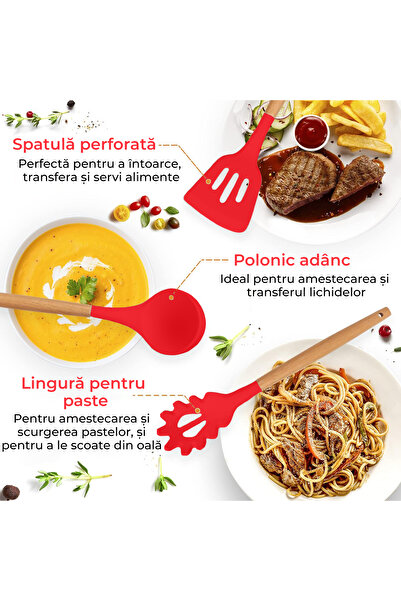 Bukate Set of 27 Kitchen Utensils, Bukate®, Wood/Silicone, Stainless Steel Support, Non-Stick, Heat Resistant - Red